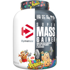 Dymatize Super Mass Gainer Fruity Pebbles tub for mass gain enthusiasts.