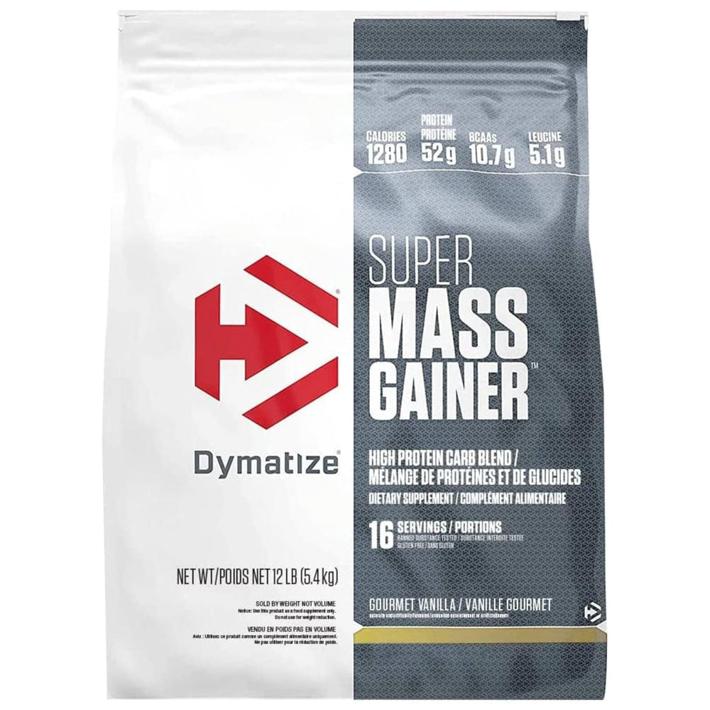 Dymatize Super Mass Gainer Gourmet Vanilla bottle highlighting high calories for mass gain.
