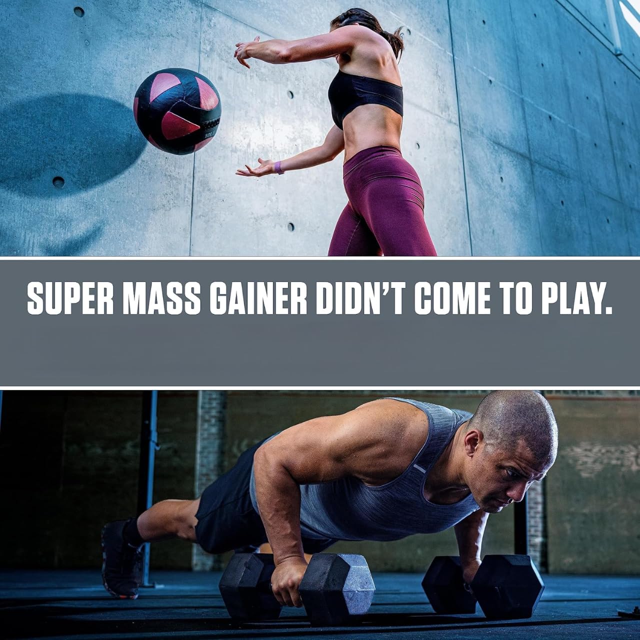 Dymatize Super Mass Gainer vanilla flavor label on can.