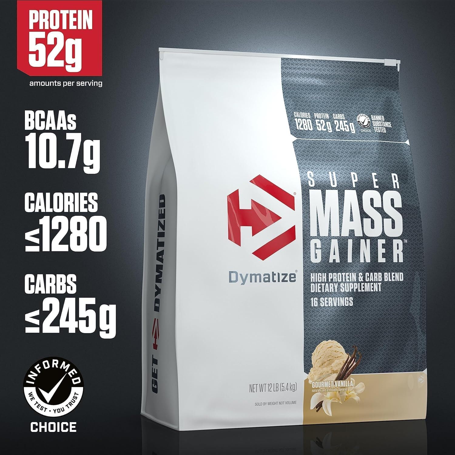 Dymatize Super Mass Gainer nutrition panel close-up showing protein and carbohydrate content.
