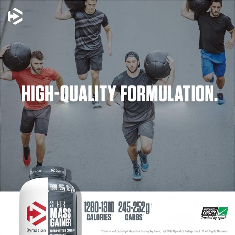 Dymatize Super Mass Gainer vanilla blending with fruit and oats demonstrates calorie-dense smoothie.