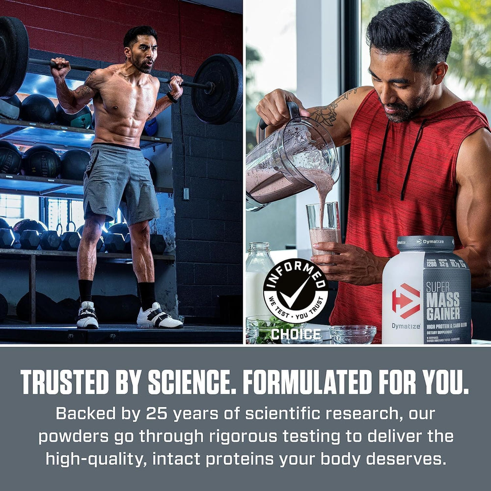 Dymatize Super Mass Gainer prepared smoothie in glass with toppings.