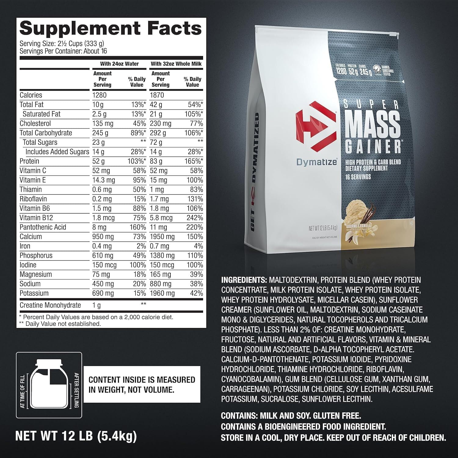Dymatize Super Mass Gainer vanilla shake in shaker emphasizes protein richness.
