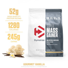 Dymatize Super Mass Gainer vanilla powder beside mix cup showing sustained amino delivery.