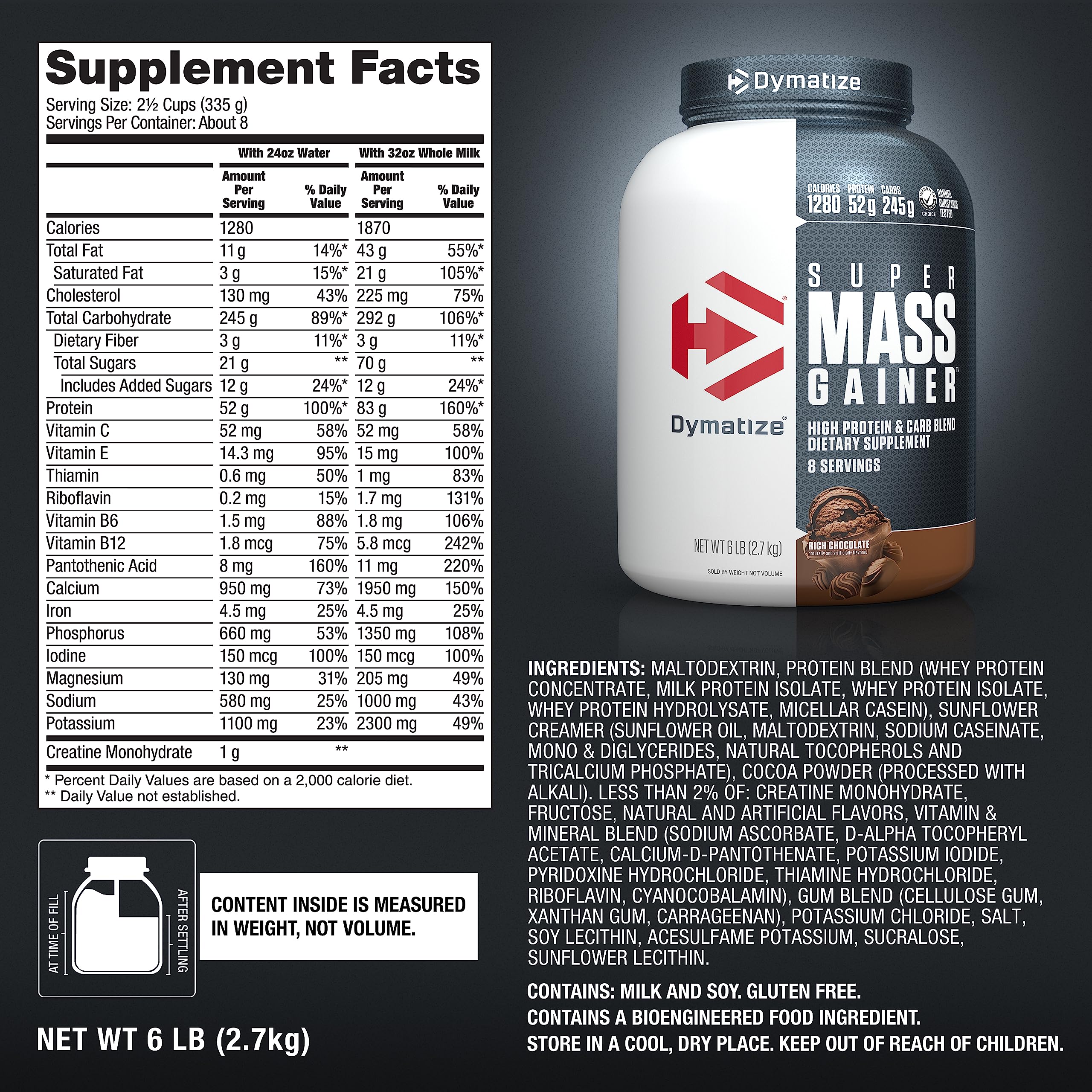Dymatize Super Mass Gainer whey, casein blend for steady protein delivery.