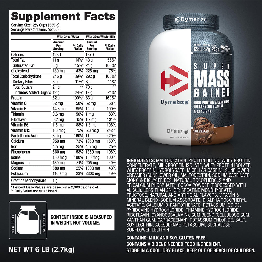 Dymatize Super Mass Gainer whey, casein blend for steady protein delivery.
