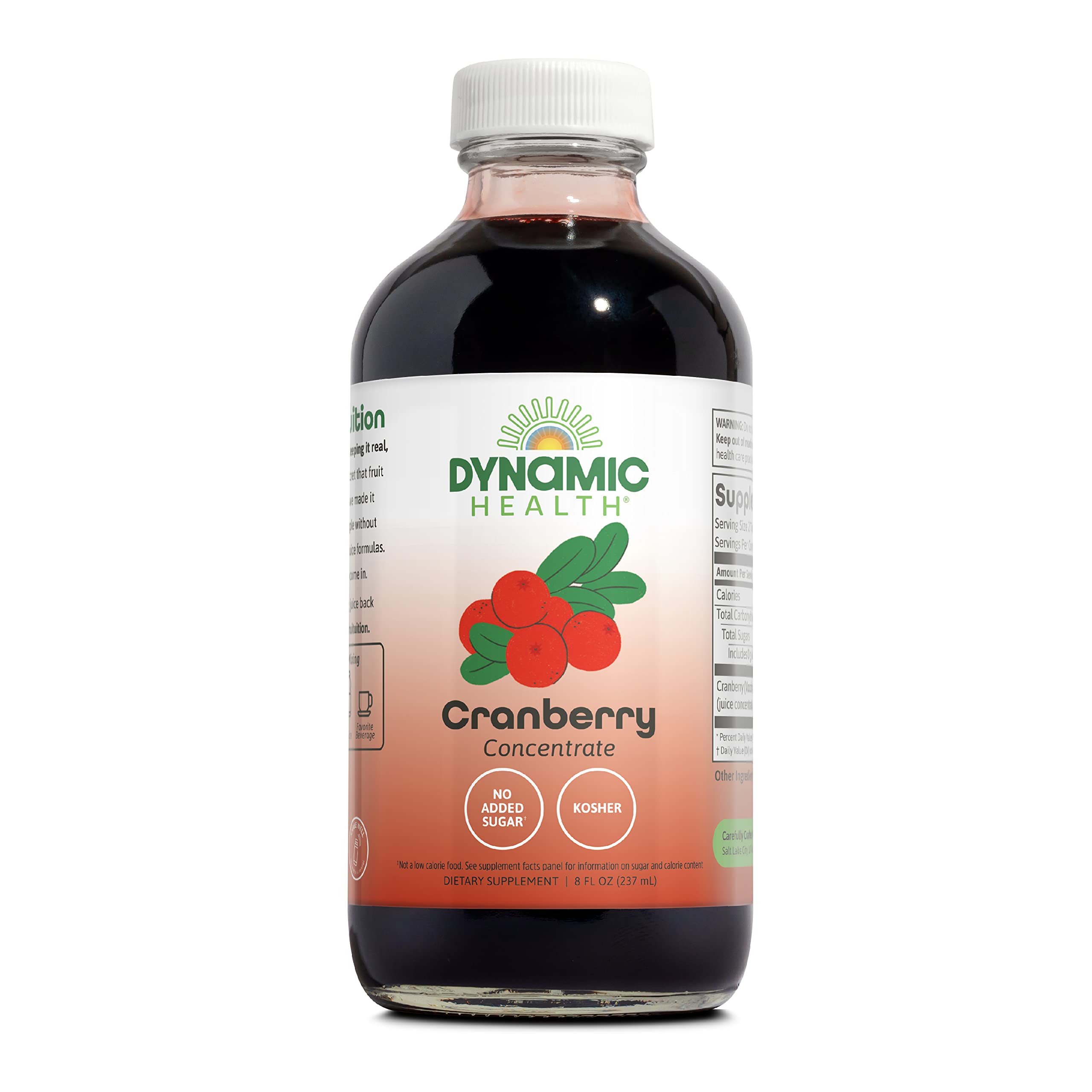 Dynamic Health cranberry concentrate bottle shows rich color and antioxidant potential.