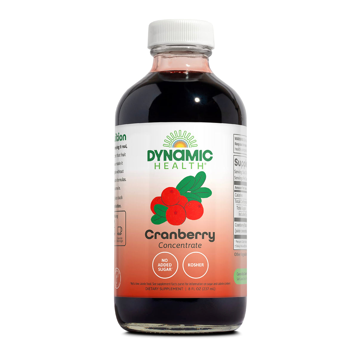 Dynamic Health cranberry concentrate bottle shows rich color and antioxidant potential.