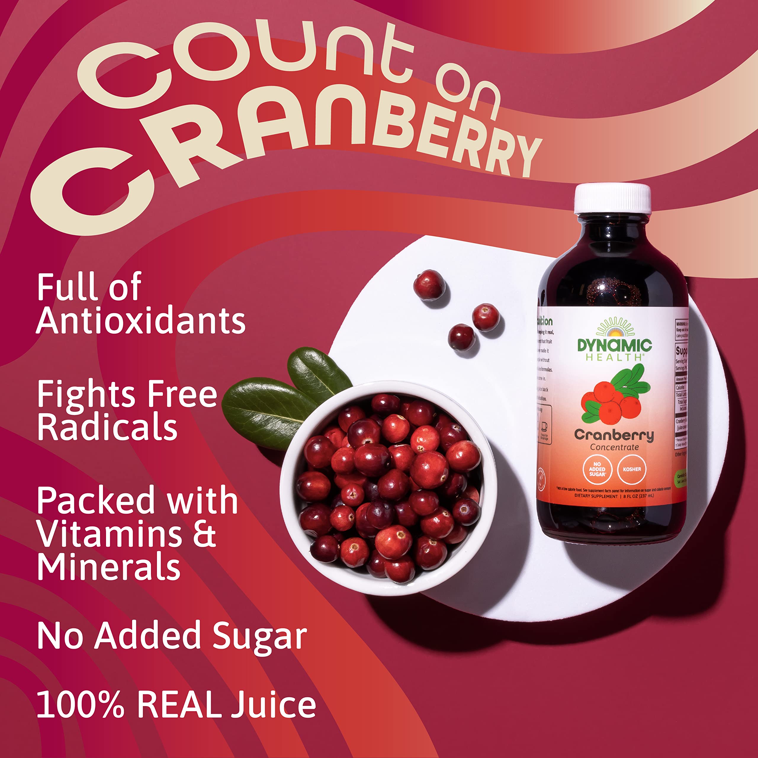 Dynamic Health cranberry concentrate glass serving highlights tart, refreshing flavor.