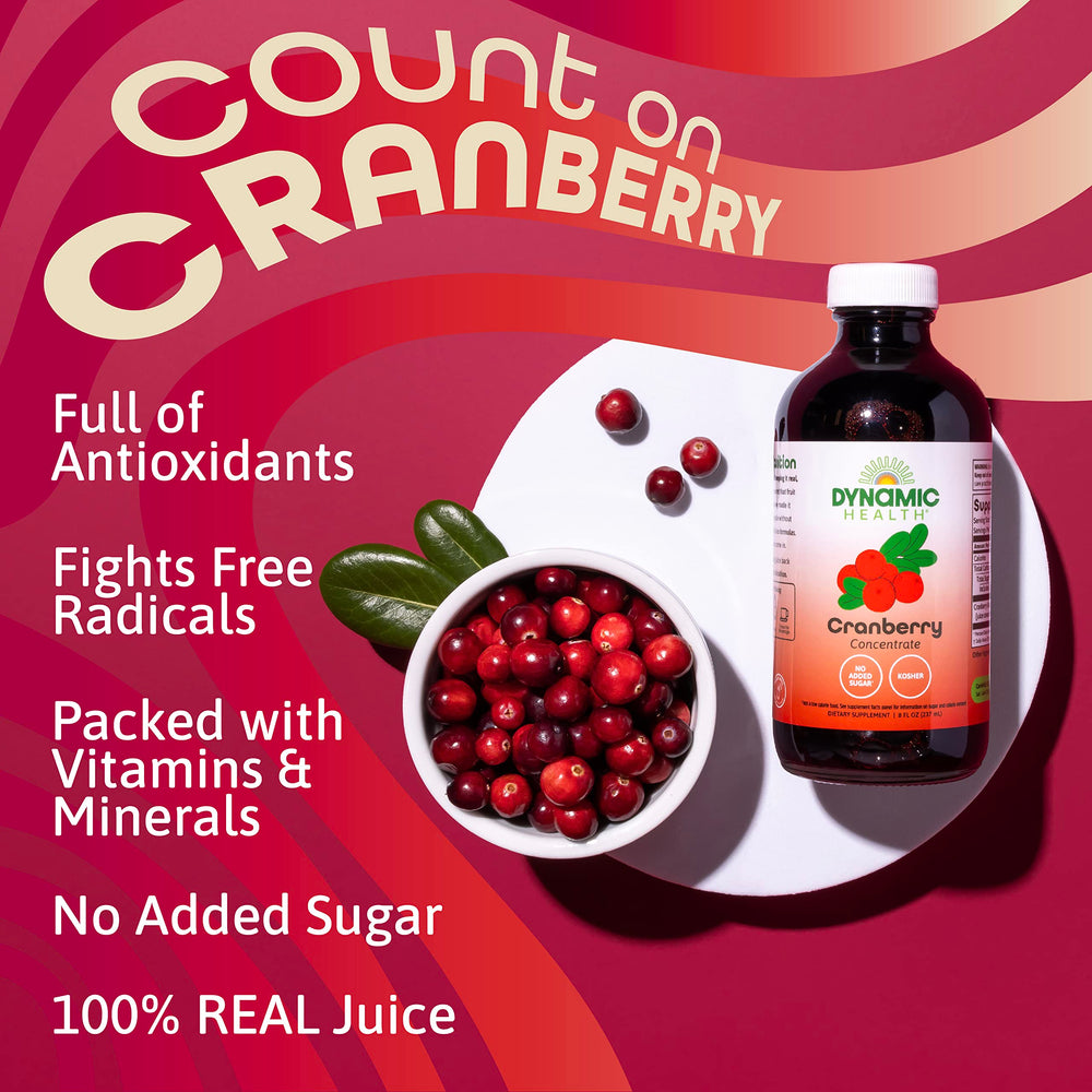 Dynamic Health cranberry concentrate glass serving highlights tart, refreshing flavor.