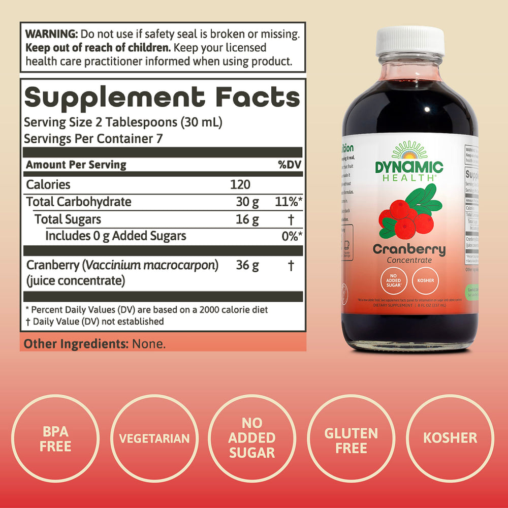 Dynamic Health cranberry juice concentrate pour demonstrates unsweetened versatility for drinks.