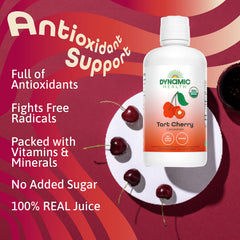 Dynamic Health Tart Cherry Juice label close-up highlighting organic certification and purity
