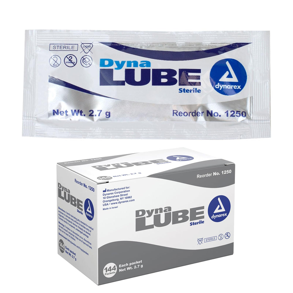 Dynarex DynaLube box front shows sterile, convenient 144-pack for clinics.