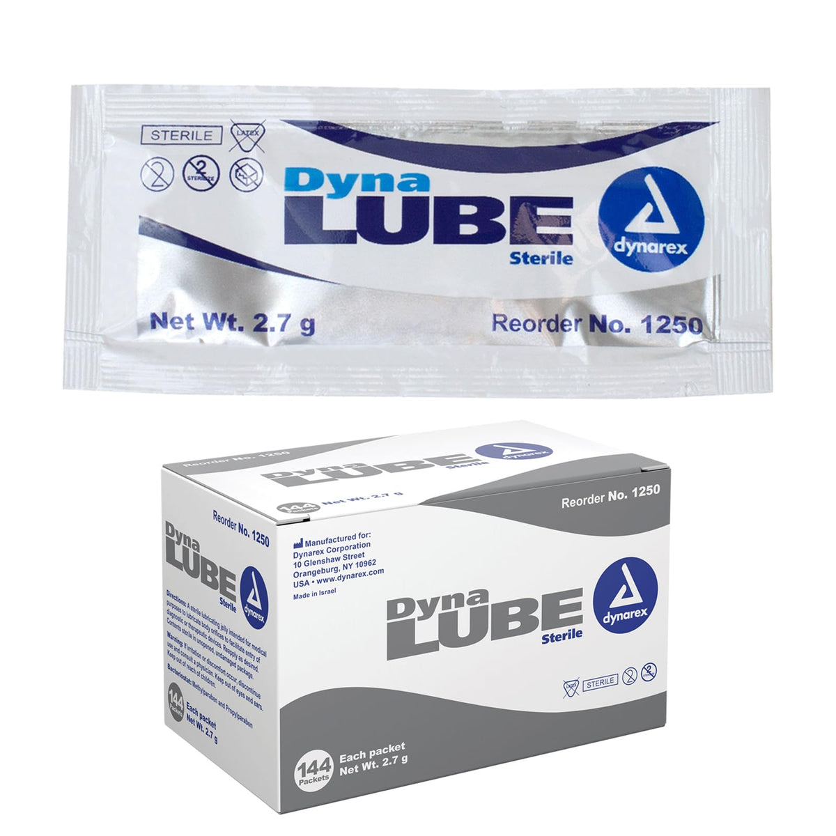 Dynarex DynaLube box front shows sterile, convenient 144-pack for clinics.