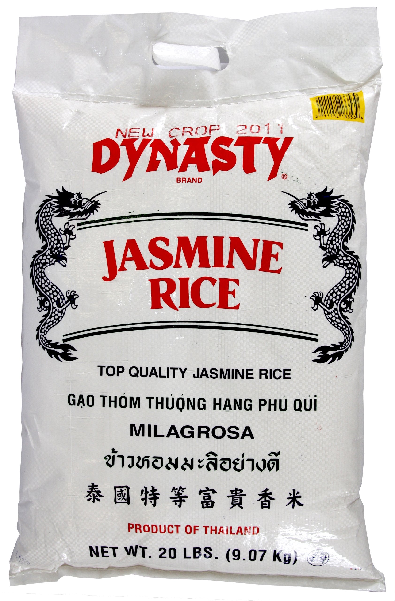 Dynasty Jasmine Rice 20-pound bag ready for pantry, ideal for versatile Asian meals.