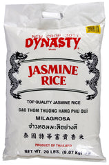 Dynasty Jasmine Rice 20-pound bag ready for pantry, ideal for versatile Asian meals.