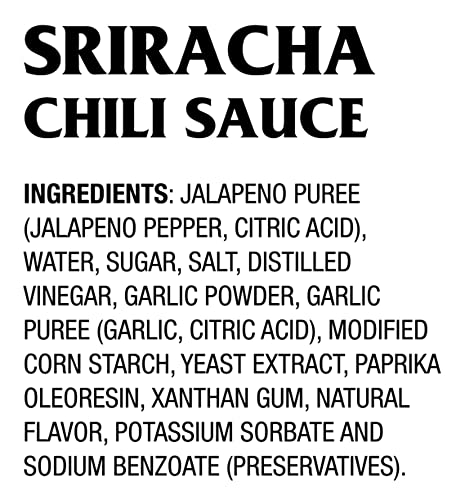 Dynasty Sriracha 20 oz bottle pouring over noodles for a spicy glaze.