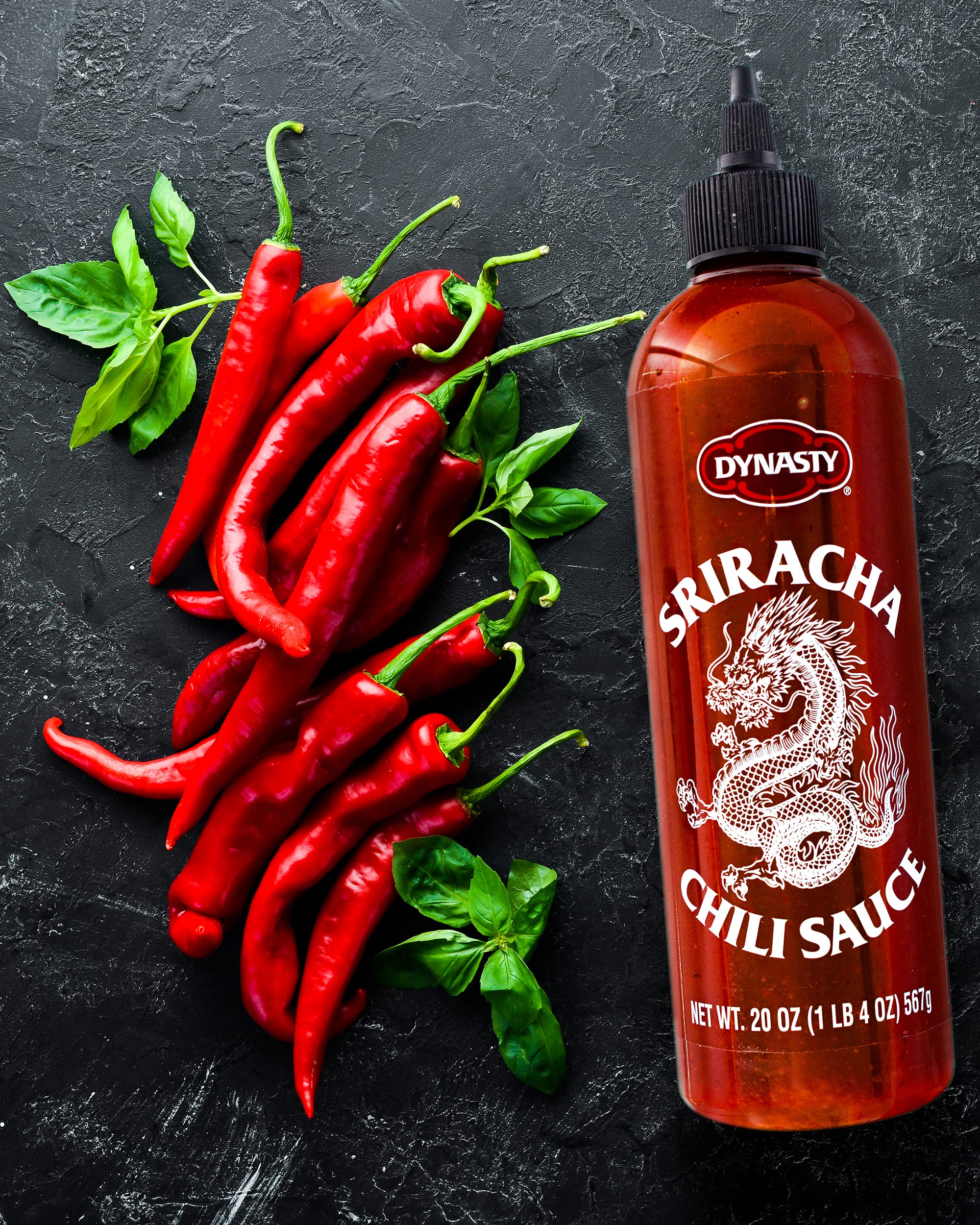 Dynasty Sriracha bottle at pantry shelf ready for weeknight meals.