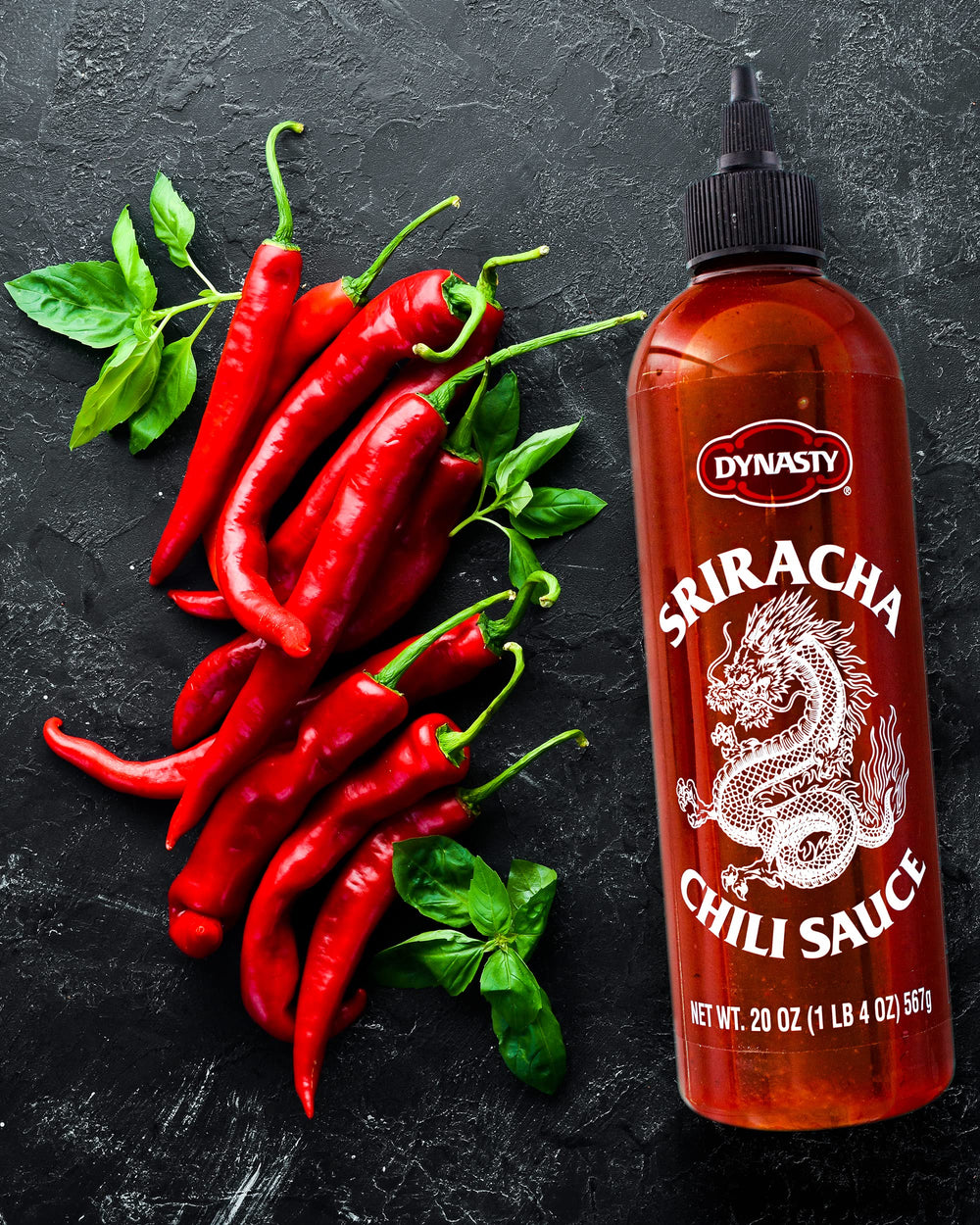 Dynasty Sriracha bottle at pantry shelf ready for weeknight meals.