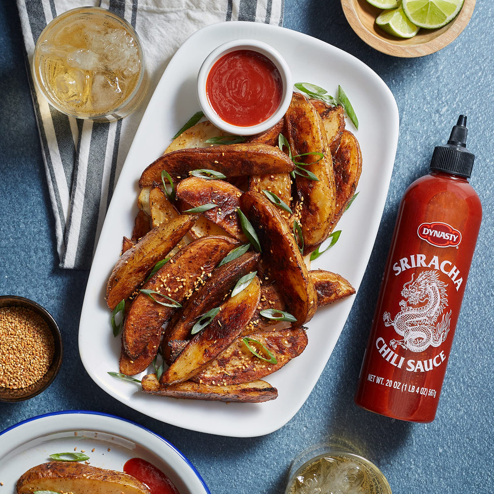 Dynasty Sriracha label art and heat level indicators visible.