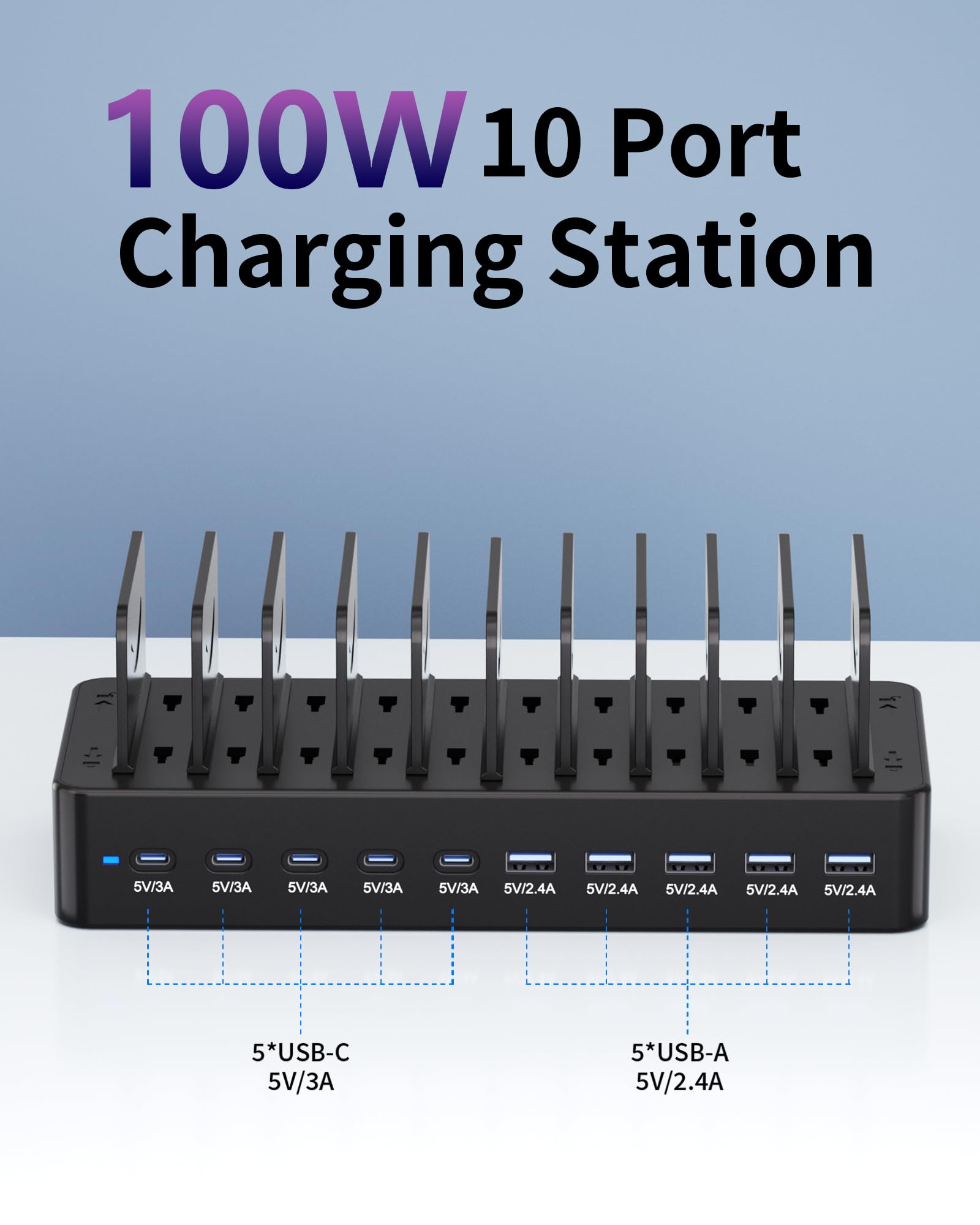 Dywcdnice 10-port USB dock side angle, streamlining workspace with rapid device charging.