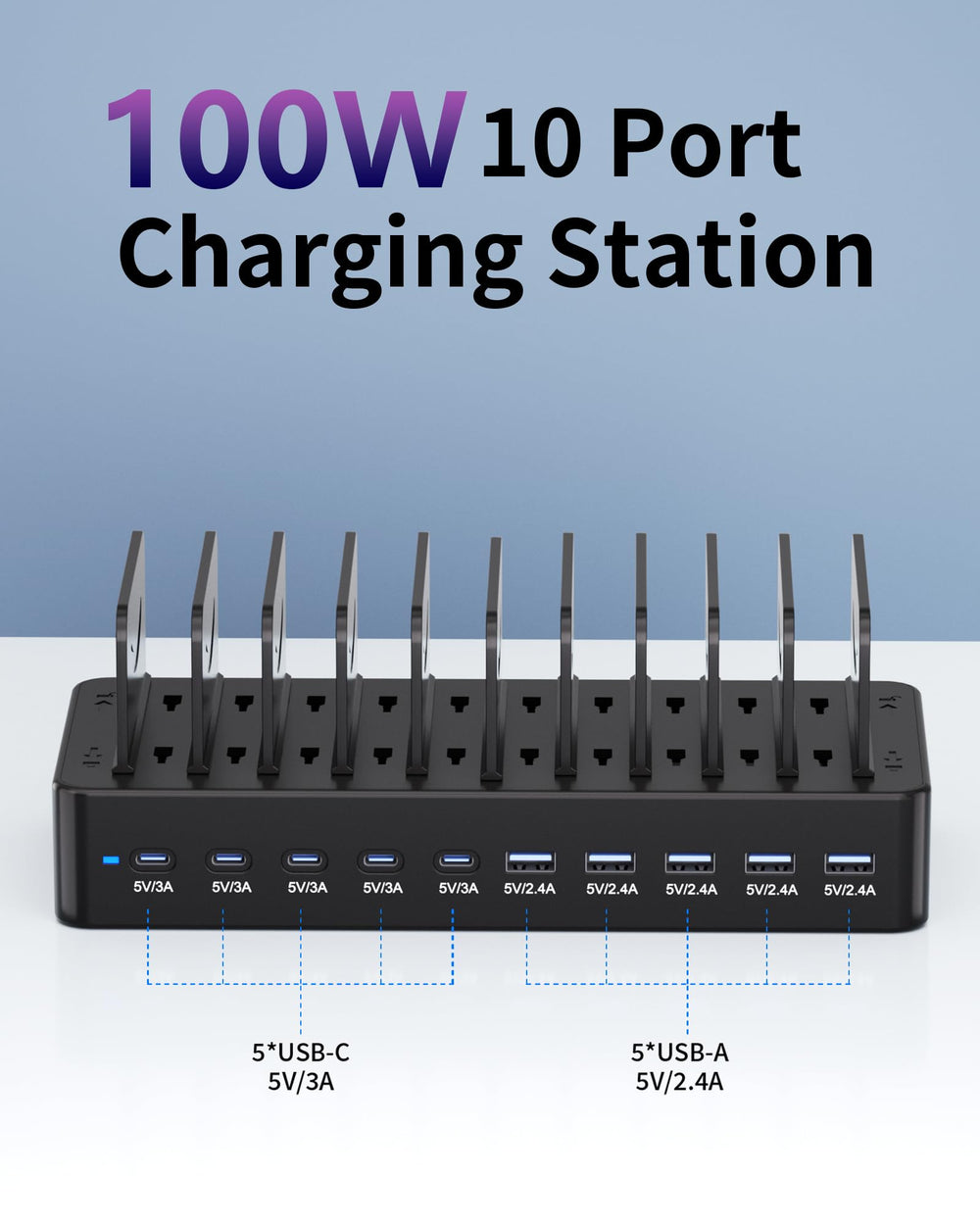 Dywcdnice 10-port USB dock side angle, streamlining workspace with rapid device charging.