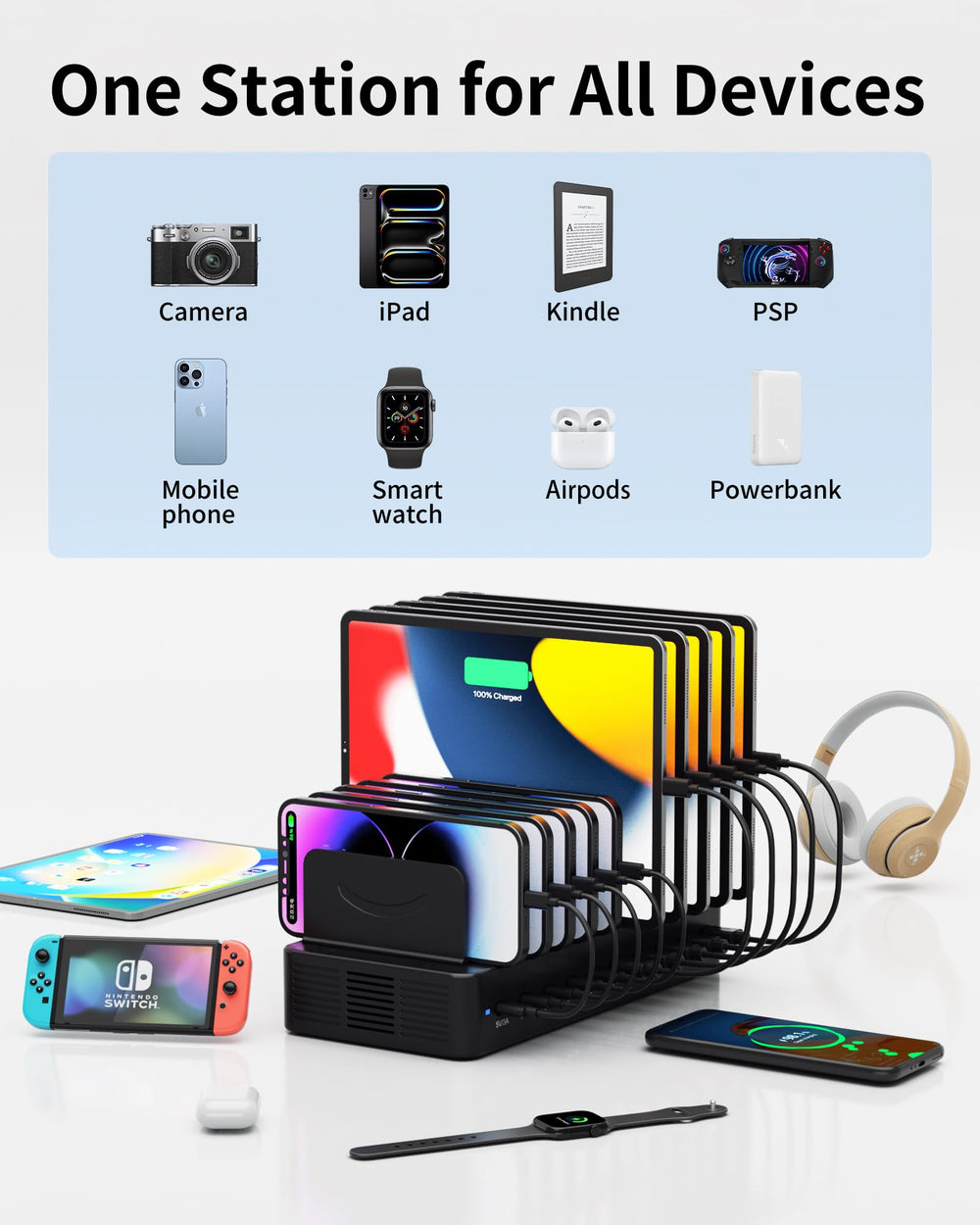 Dywcdnice adjustable dividers configuration, keeps phones and tablets secure during charging.