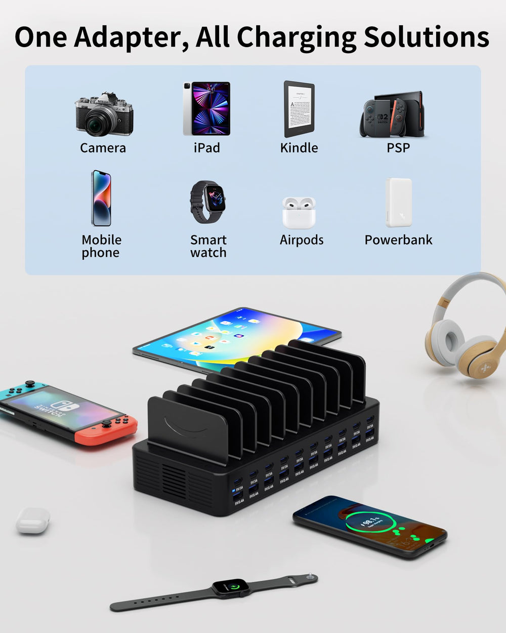 Dywcdnice adjustable dividers configuration enables secure charging for varied device sizes