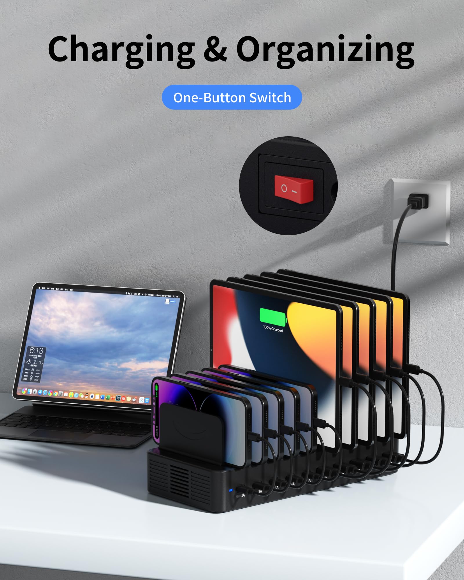 Dywcdnice organized desk setup, ideal for home office or classroom charging.