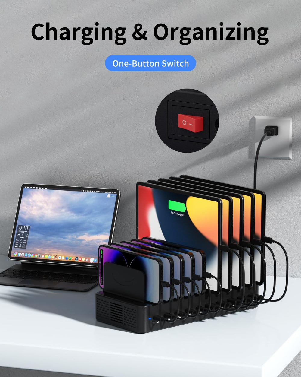Dywcdnice organized desk setup, ideal for home office or classroom charging.