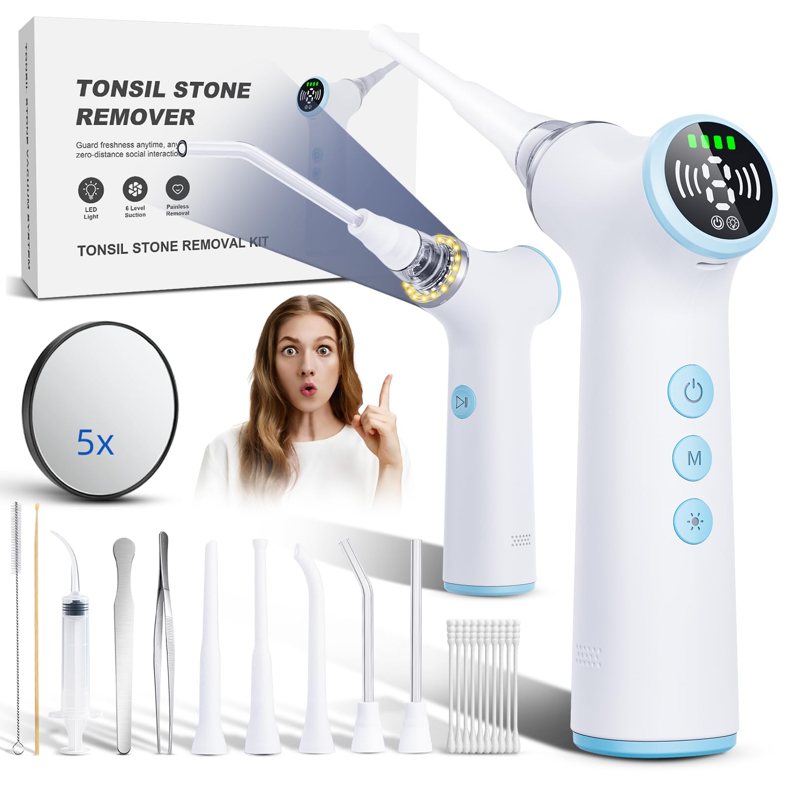 DZDarren electric tonsil stone remover with LED light highlights hard-to-see areas for precise cleaning