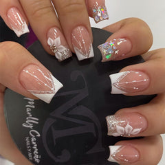 DZPGUONIZ 24pcs short square nails with French tip and white flower star glitter for DIY manicure