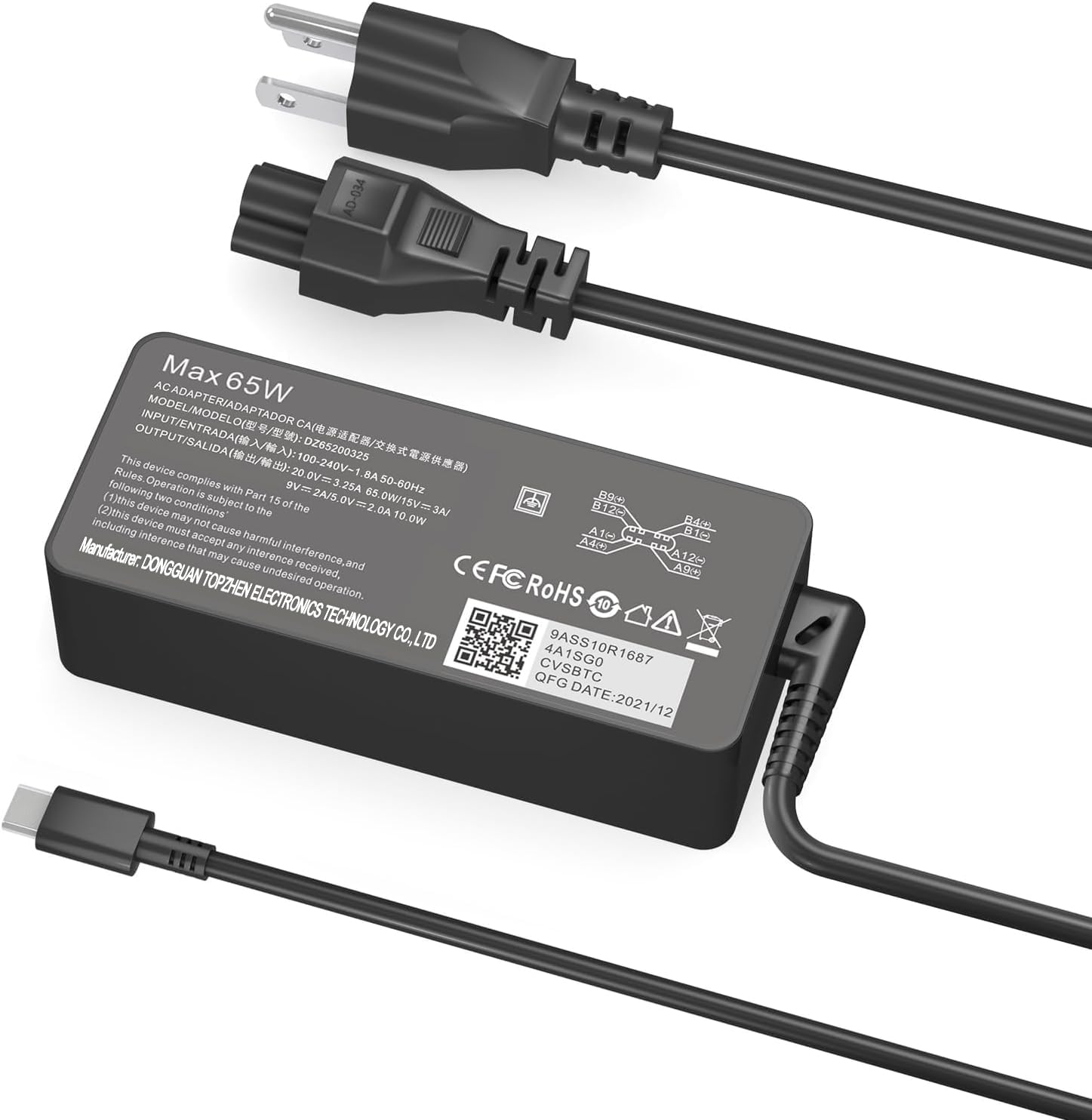 Dzytnsy 65W USB-C charger back view shows compact, travel-friendly profile.