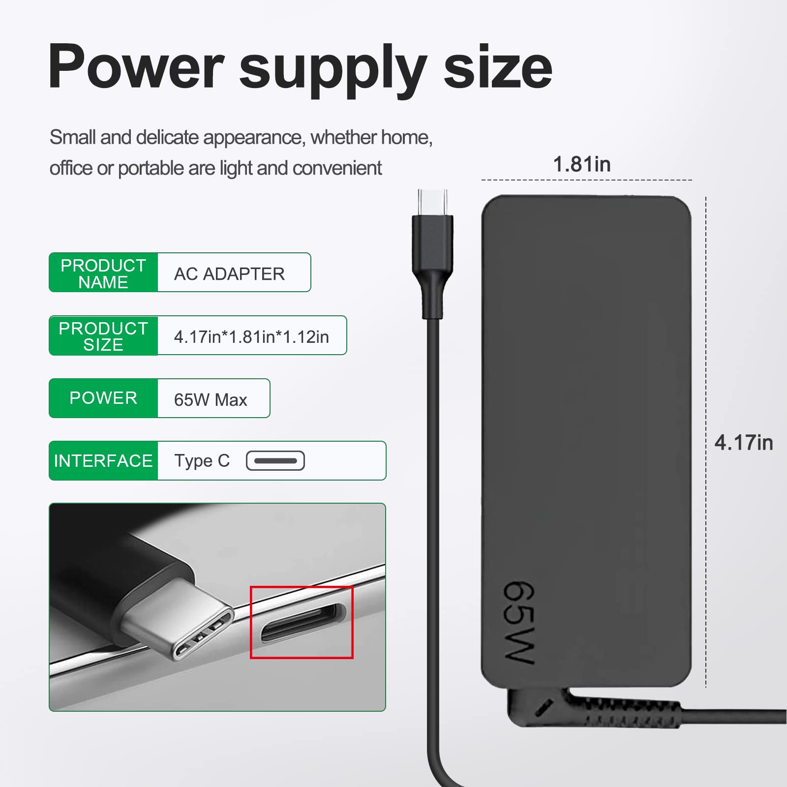 Dzytnsy 65W USB-C charger compatibility list image demonstrates ThinkPad and Yoga support.