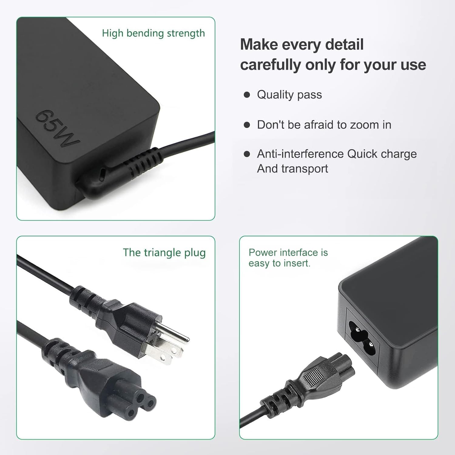 Dzytnsy 65W USB-C charger safety label indicates protections against short circuits and overheating.