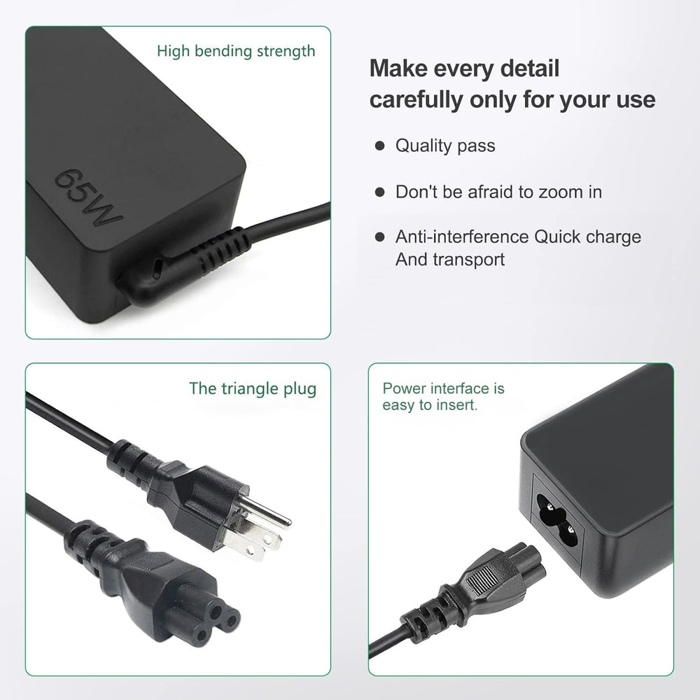 Dzytnsy 65W USB-C charger safety label indicates protections against short circuits and overheating.