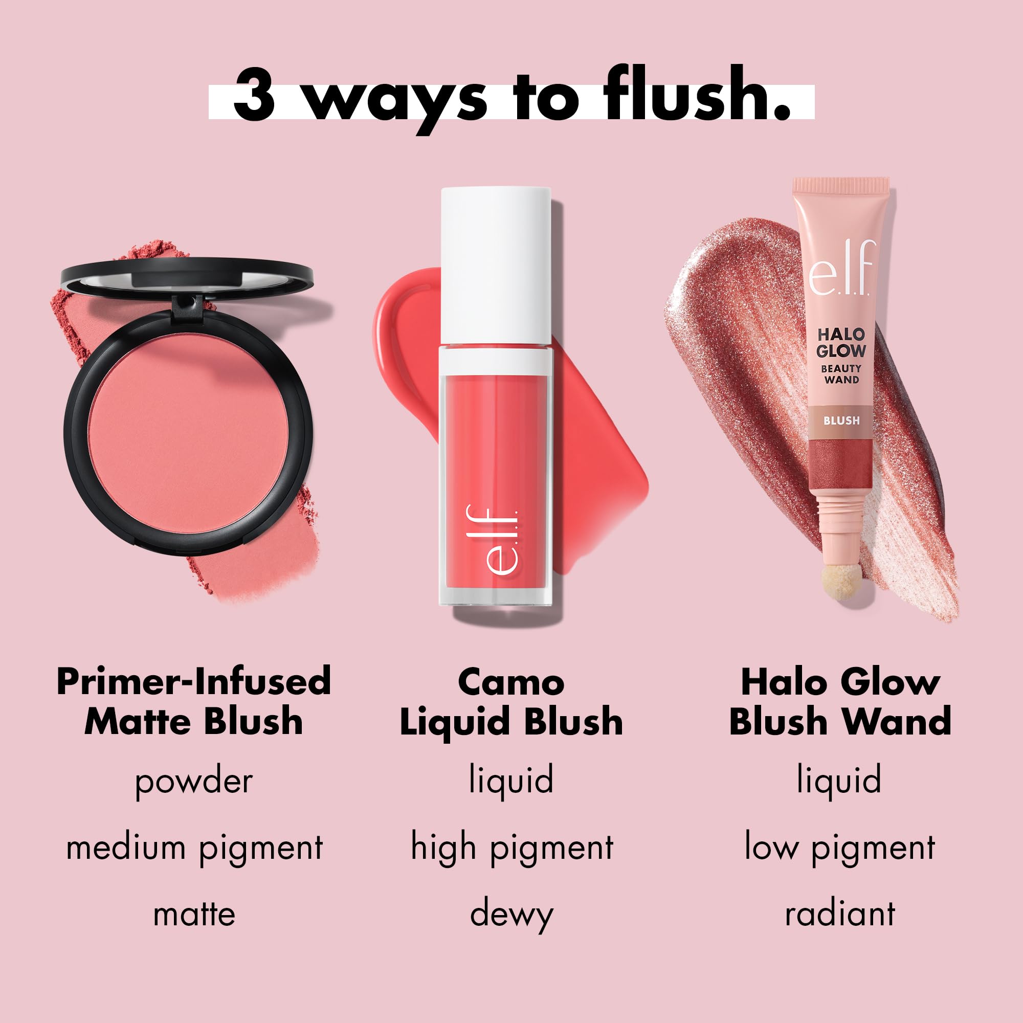 e.l.f. primer-infused matte blush shade range with six versatile tones