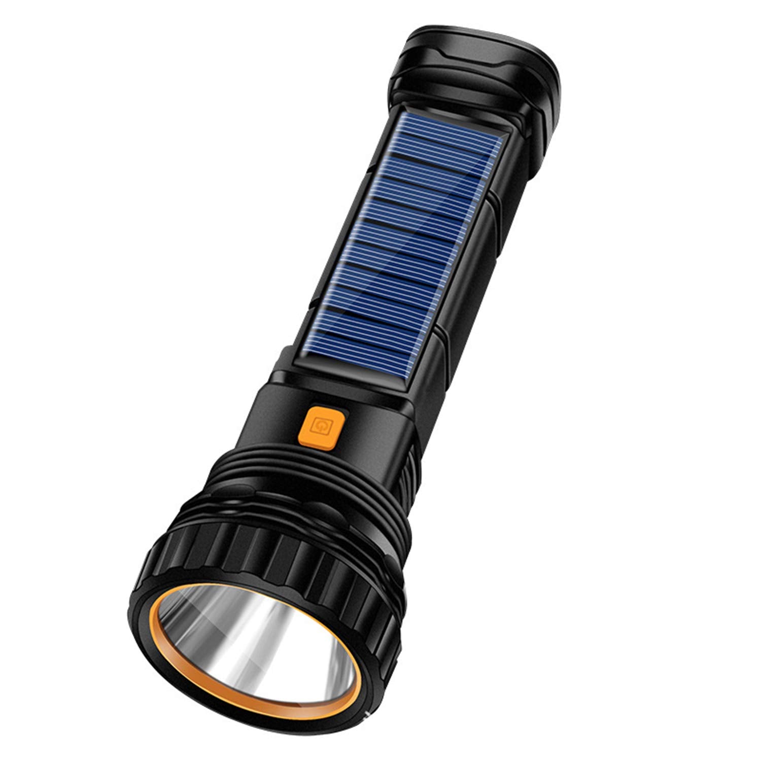 E-SHIDAI solar rechargeable flashlight with a 1000-lumen main beam for outdoor use.