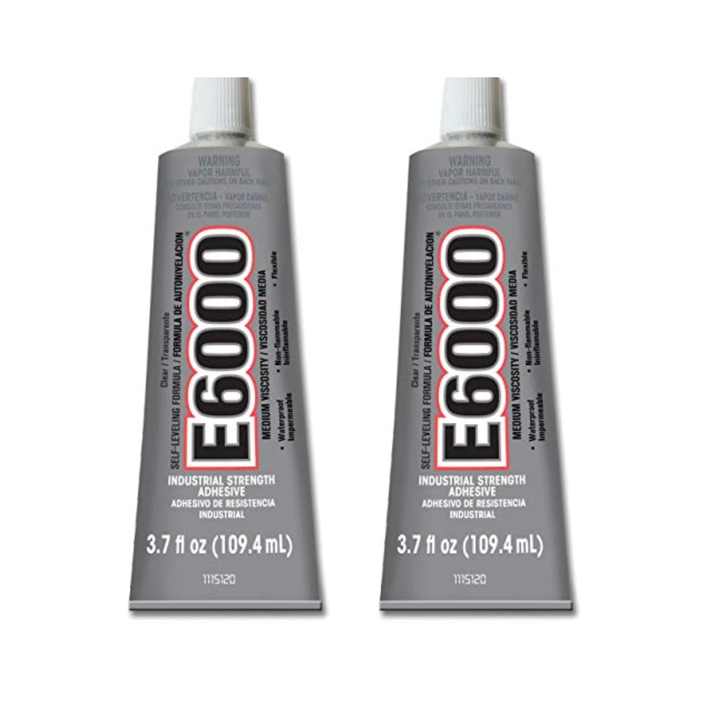 E6000 clear adhesive bottle offering flexible bonds for wood, metal, glass, and vinyl