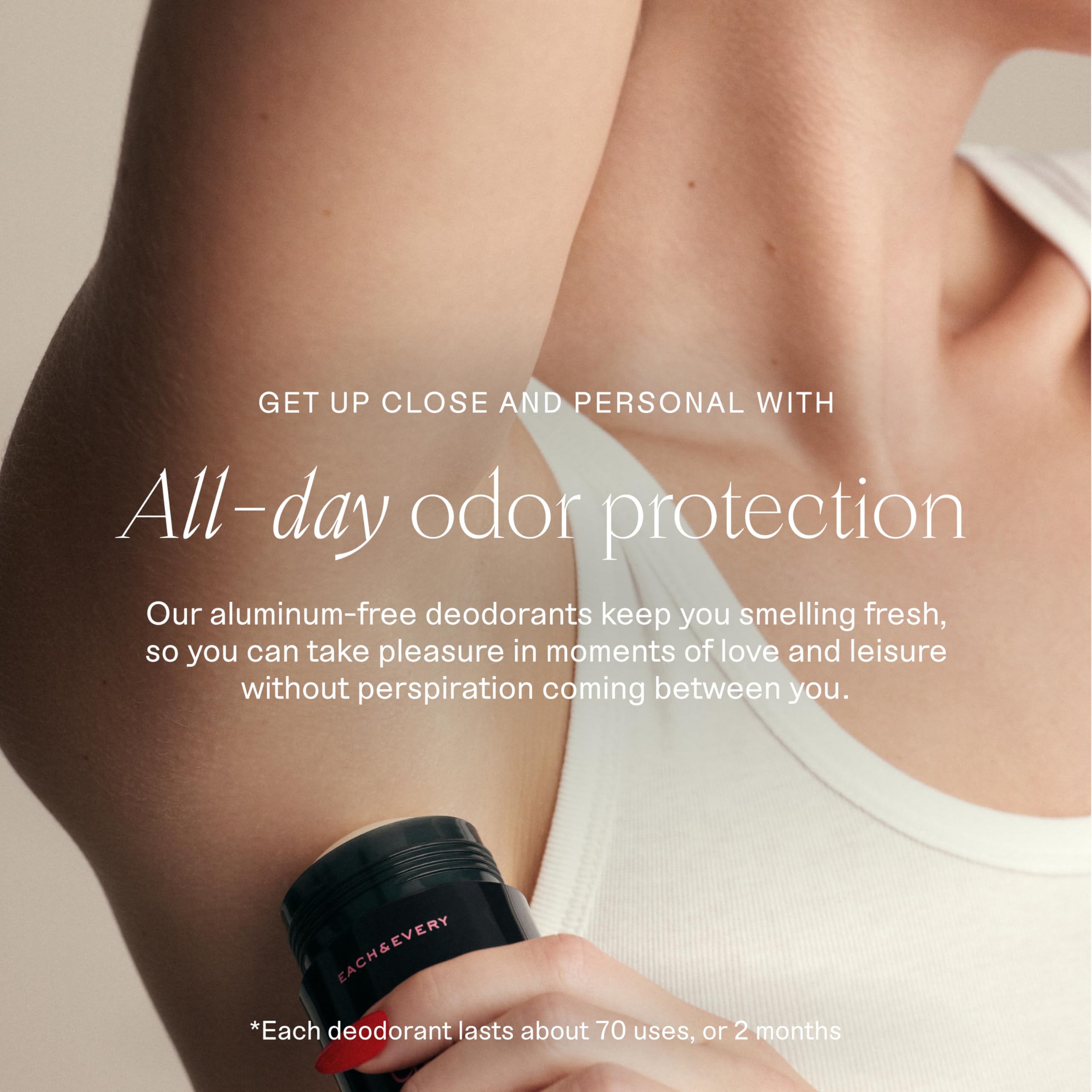 Each & Every aluminum-free formula close-up emphasizes sensitive skin protection.