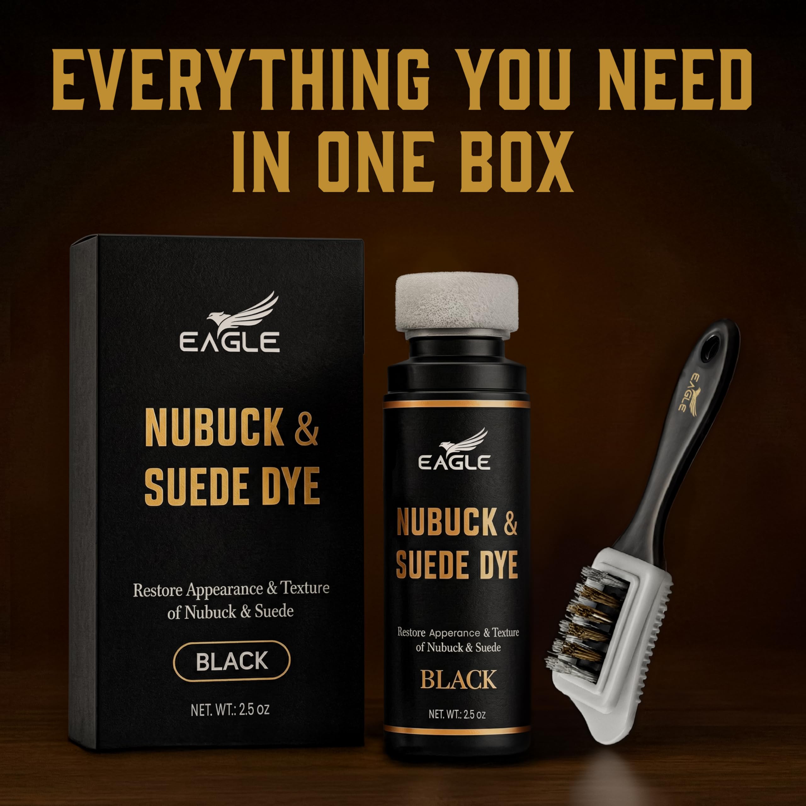 Eagle Black Suede Dye finish adds depth to nubuck and suede surfaces.