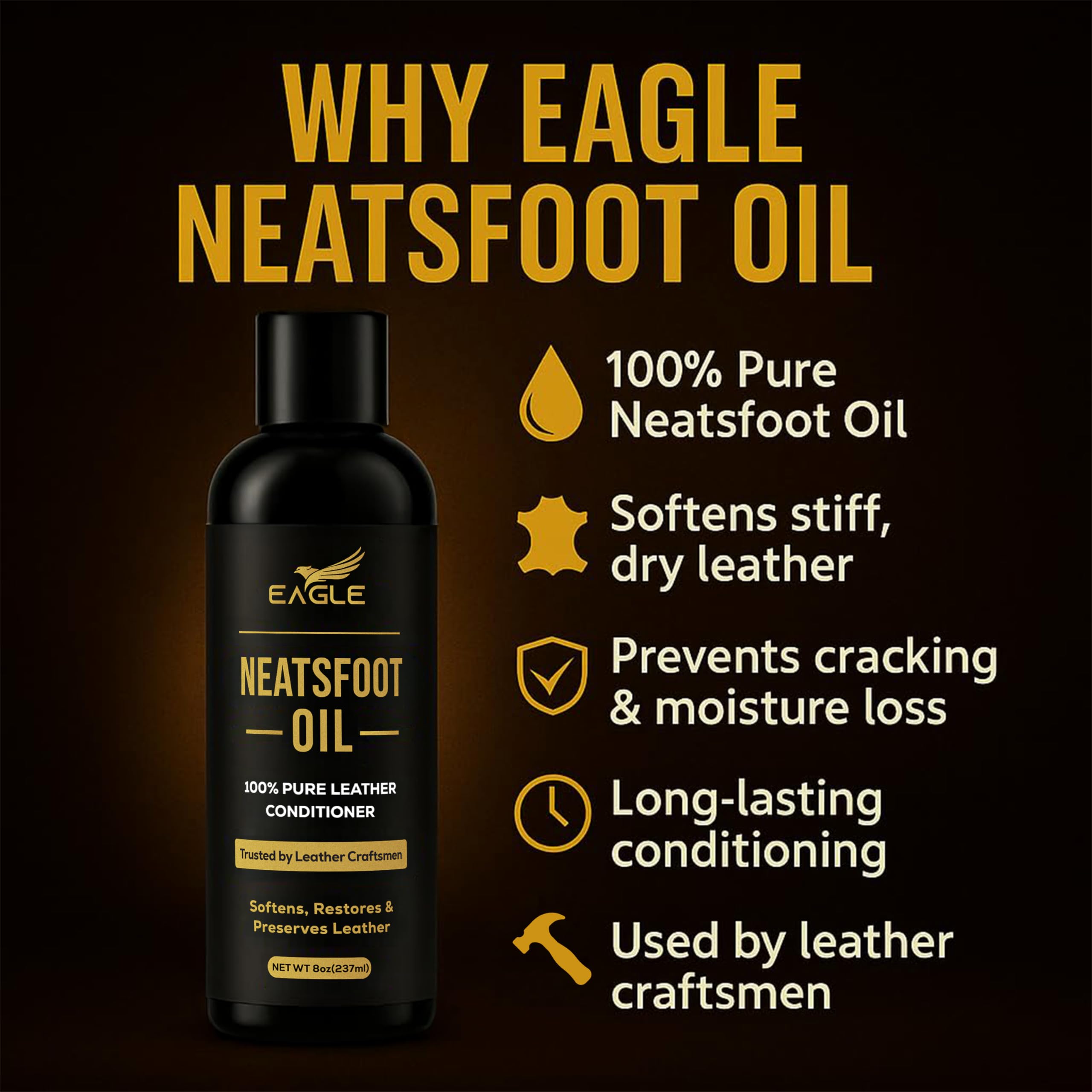 Eagle Neatsfoot Oil label-front highlights premium leather care