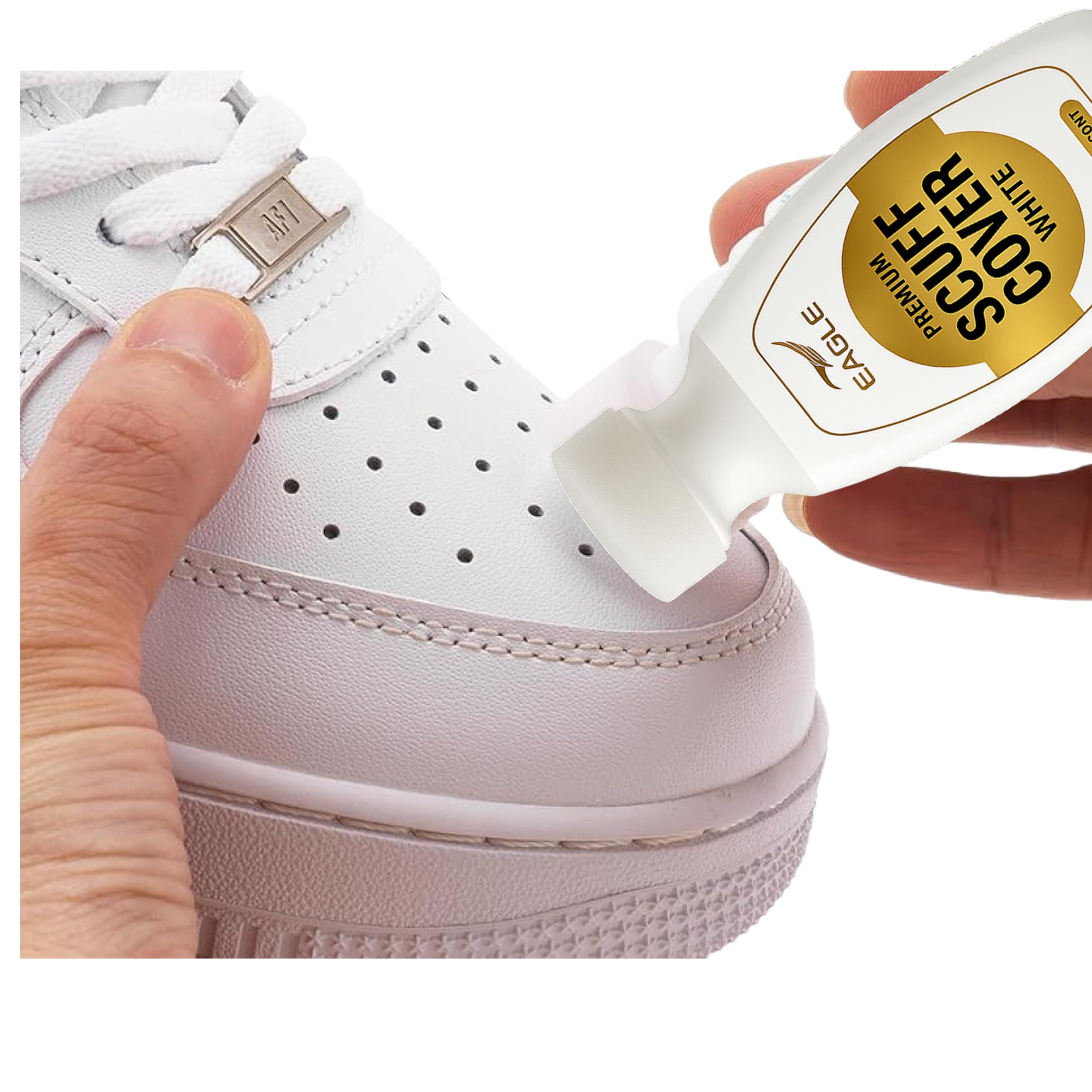 In-use on canvas sneaker demonstrates wide material reach with Eagle Whitener