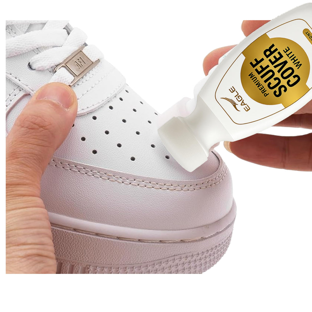 In-use on canvas sneaker demonstrates wide material reach with Eagle Whitener