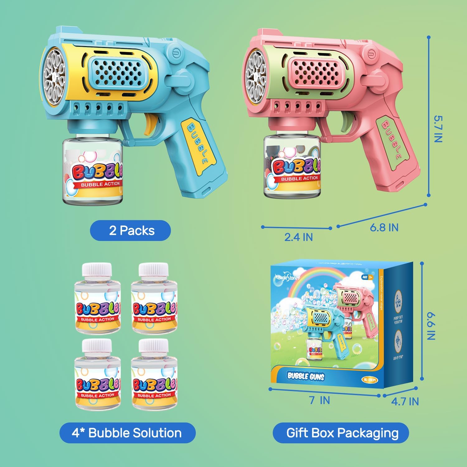 Four bubble solution bottles included for immediate outdoor play with EagleStone.