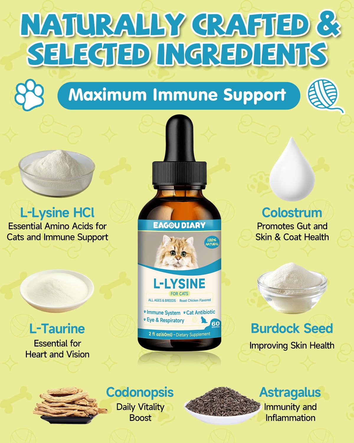 Eagou Diary L-Lysine colostrum ingredients graphic highlighting immune support