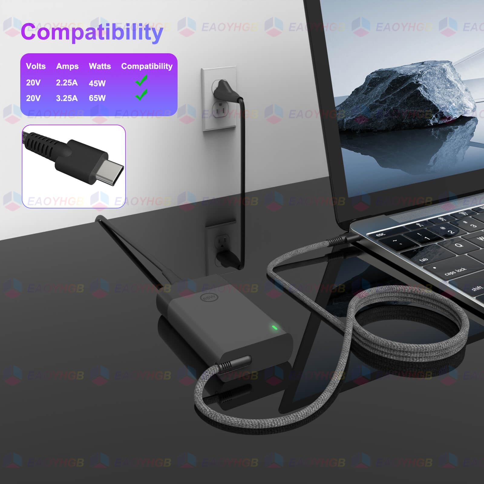 EAOYHGB Chromebook-compatible USB-C charger for daily charging