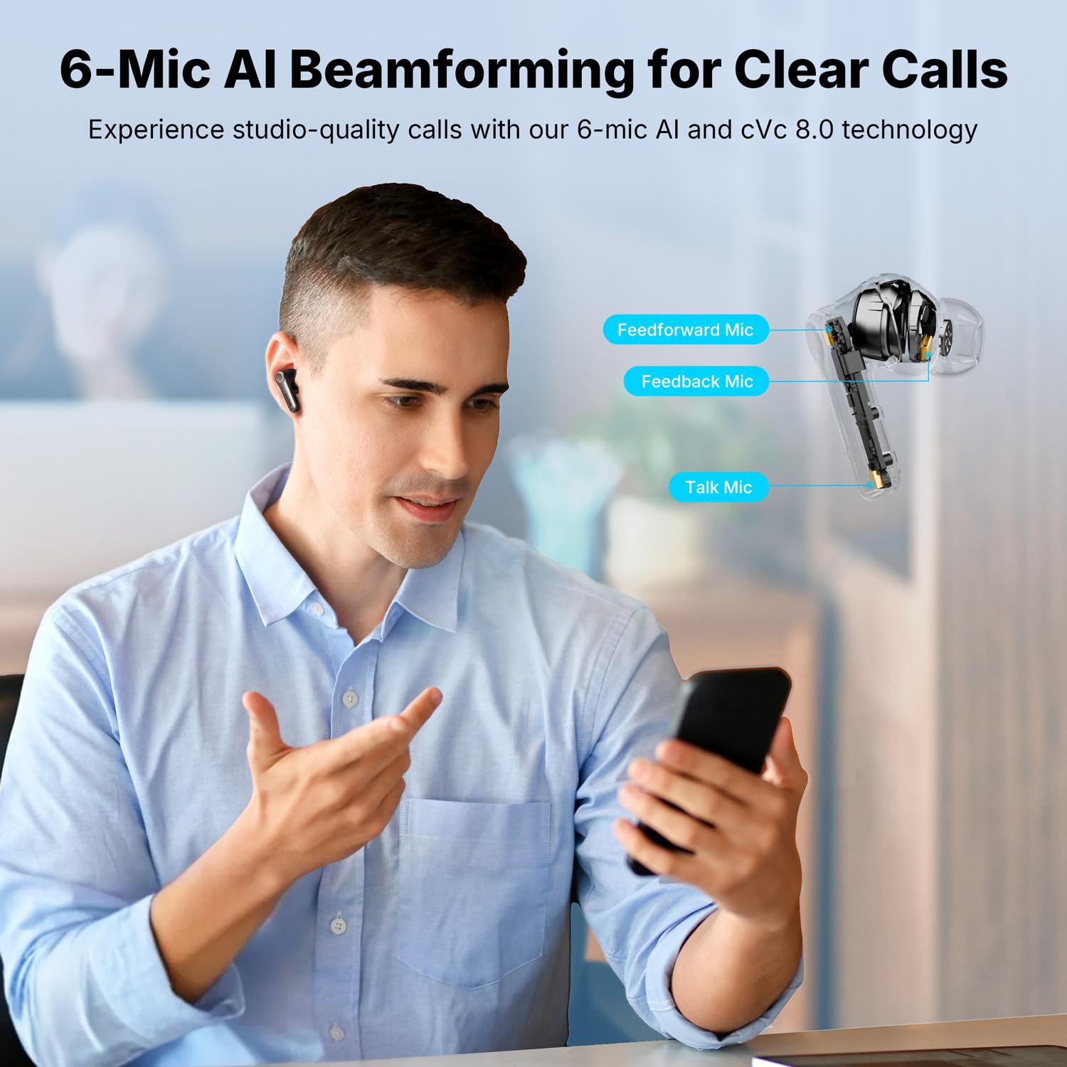 ANC up to 50 dB reduces ambient noise in busy spaces