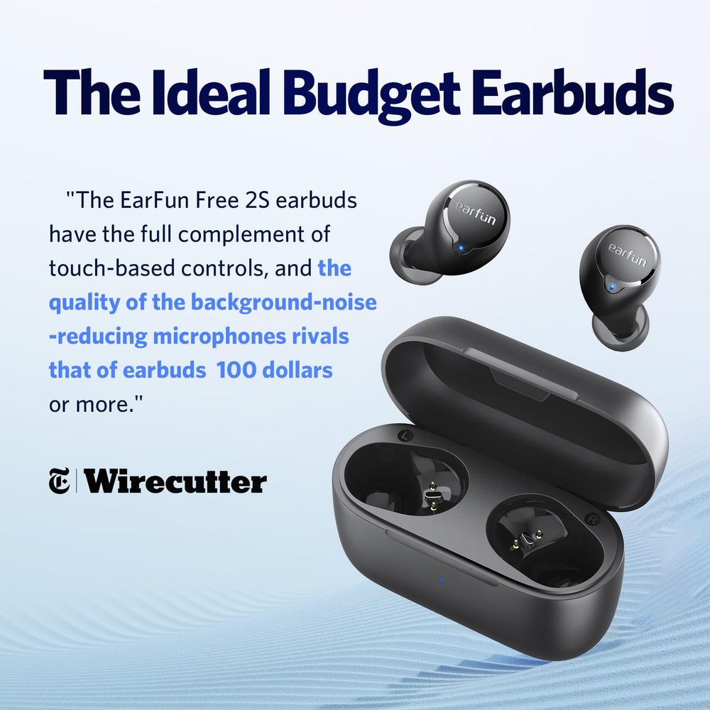 EarFun Free 2S earbuds displayed against a white background showing compact charging case