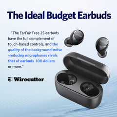 EarFun Free 2S earbuds displayed against a white background showing compact charging case